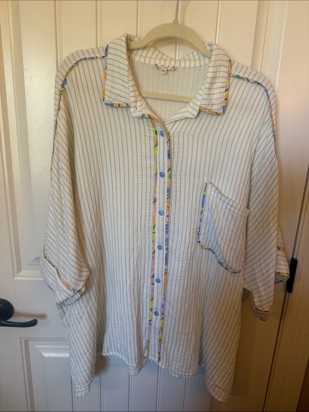 easel White Pinstripe Button-Down Top with Multicolor Trim